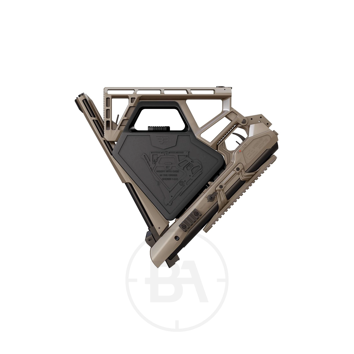 Black Bunker BM8 Folding Gas Ram Air Rifle With Hard Case 19 A folded, tan and black Black Bunker BM8 Folding Gas Ram Air Rifle with hard case is displayed on a white background.