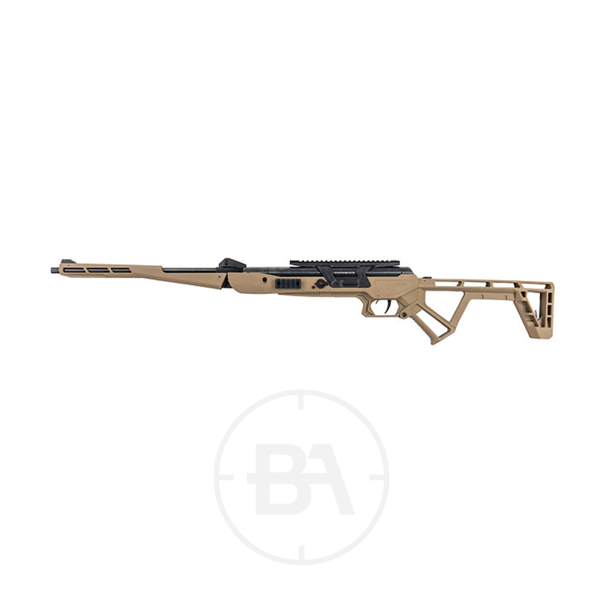 Black Bunker BM8 Folding Gas Ram Air Rifle With Hard Case 17 The Black Bunker BM8 Folding Gas Ram Air Rifle, shown on a white background with its included hard case, features a tan precision chassis, angular skeleton stock, integrated rail system, and ventilated handguard for rugged protection.