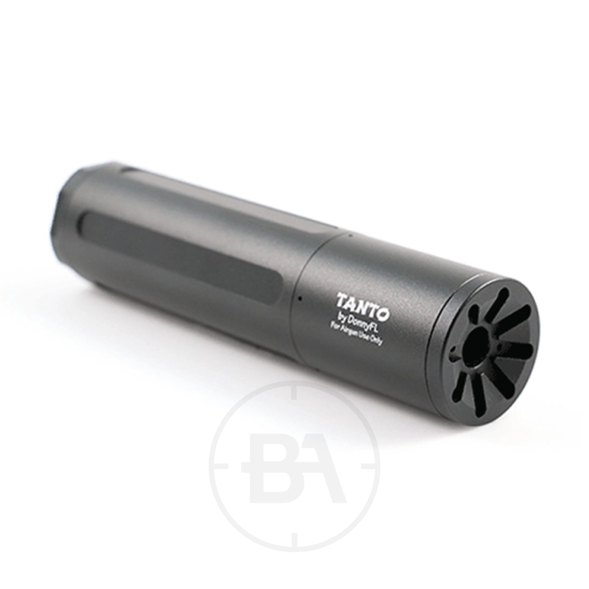 DonnyFL Tanto 1/2"x20 UNF Silencer 1 The DonnyFL Tanto 1/2"x20 UNF Silencer, in matte black with a grooved cap, is shown on a white background. It features easy 1/2"x20 UNF threading and is labelled "TANTO by Dead Air for Airgun Use Only.