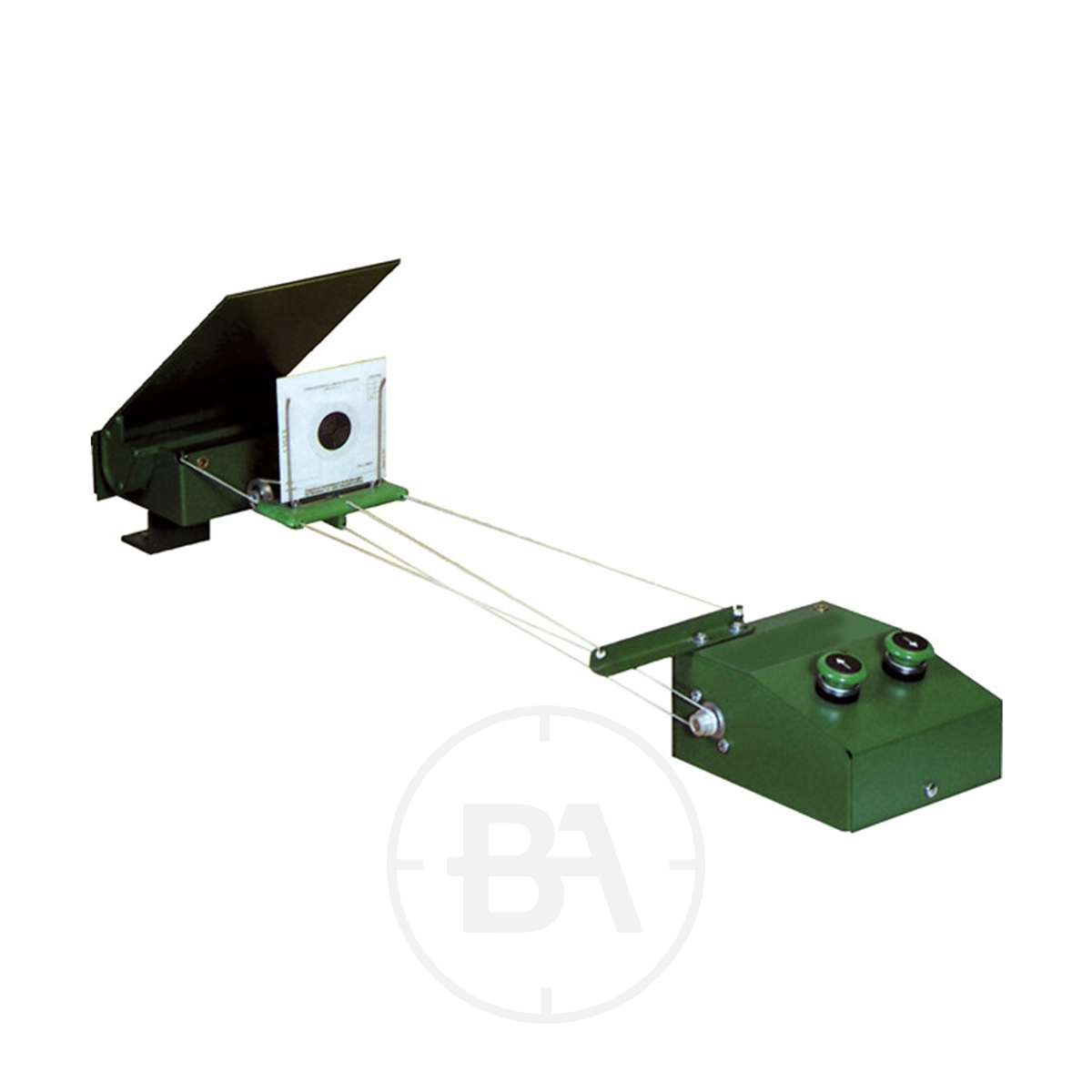 Gehmann Electronic Target Changer 1 The Gehmann Electronic Target Changer is a green metal device featuring two control knobs, overhead wires, and a target holder at one end.