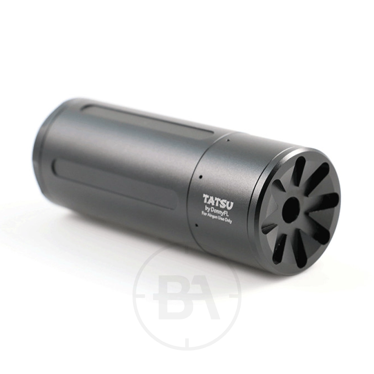 DonnyFL Tatsu 1/2"x20 UNF Silencer 1 The DonnyFL Tatsu 1/2"x20 UNF Silencer is a black, cylindrical metal airgun moderator with vented grooves on one end and "TATSU by DonnyFL" printed on the side, displayed elegantly on a white surface.
