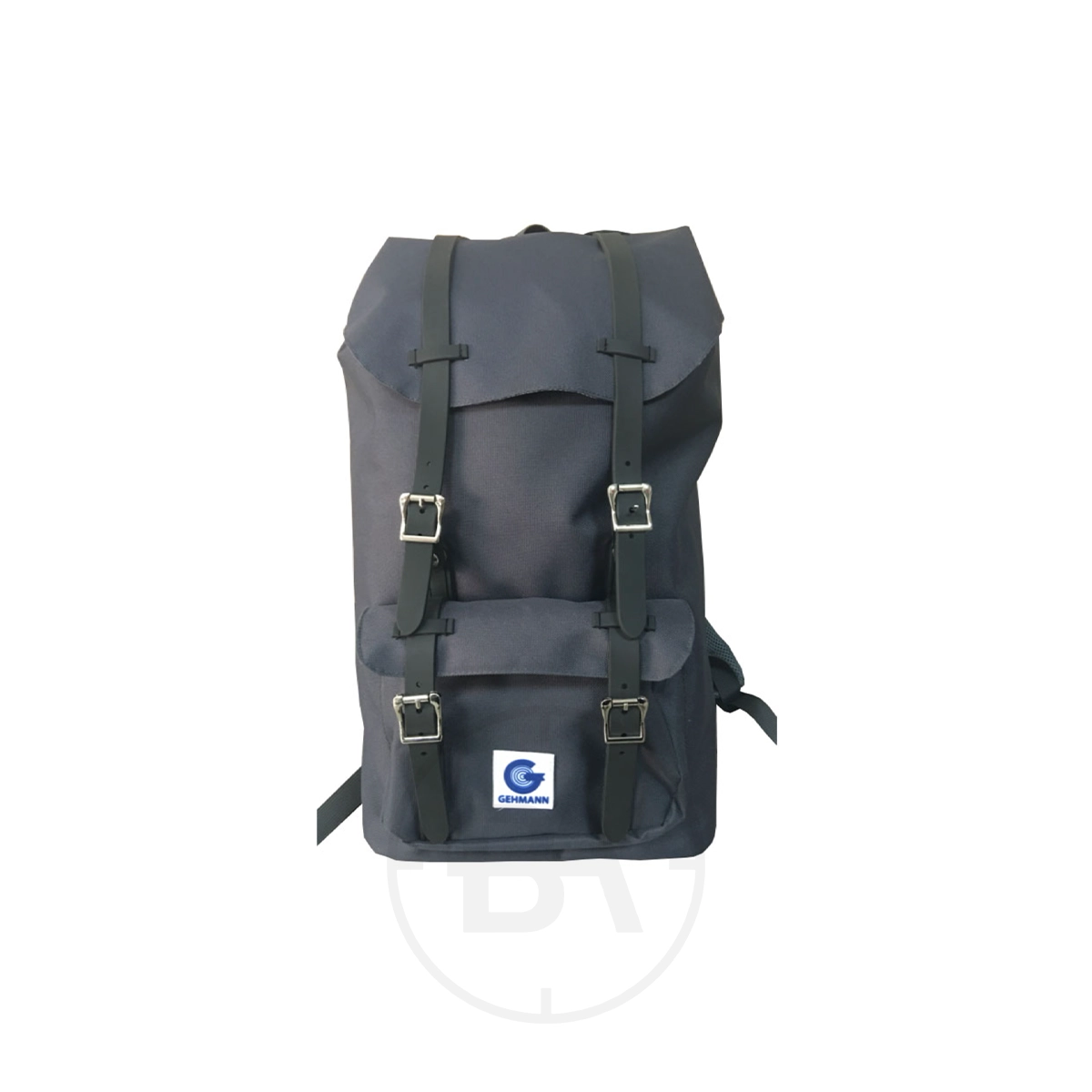 Gehmann Backpack For Pistol Shooters 1 The Gehmann Backpack For Pistol Shooters is a gray canvas bag with black leather straps, silver buckles, and a front pocket. It features a rectangular white patch with a blue logo, making it perfect for organizing shooting gear.