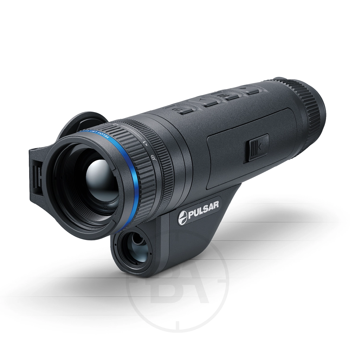 Pulsar Telos LRF XQ35 Thermal Imaging Monocular 1 The Pulsar Telos LRF XQ35 Thermal Imaging Monocular, shown in black with top control buttons, a large front lens, and the Pulsar logo on the side, is displayed against a white background.