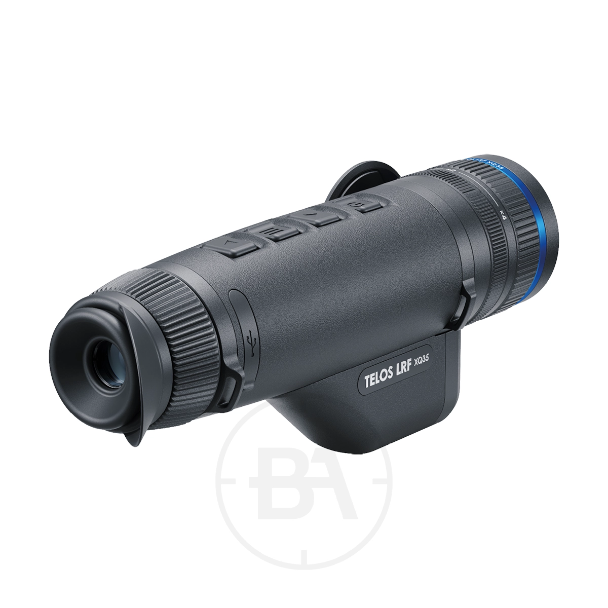 Pulsar Telos LRF XQ35 Thermal Imaging Monocular 3 The Pulsar Telos LRF XQ35 Thermal Imaging Monocular is a black, handheld device with "TELOS LRF" labelling, textured grip, top control buttons, a blue accent ring near the lens, and an eyepiece for viewing.