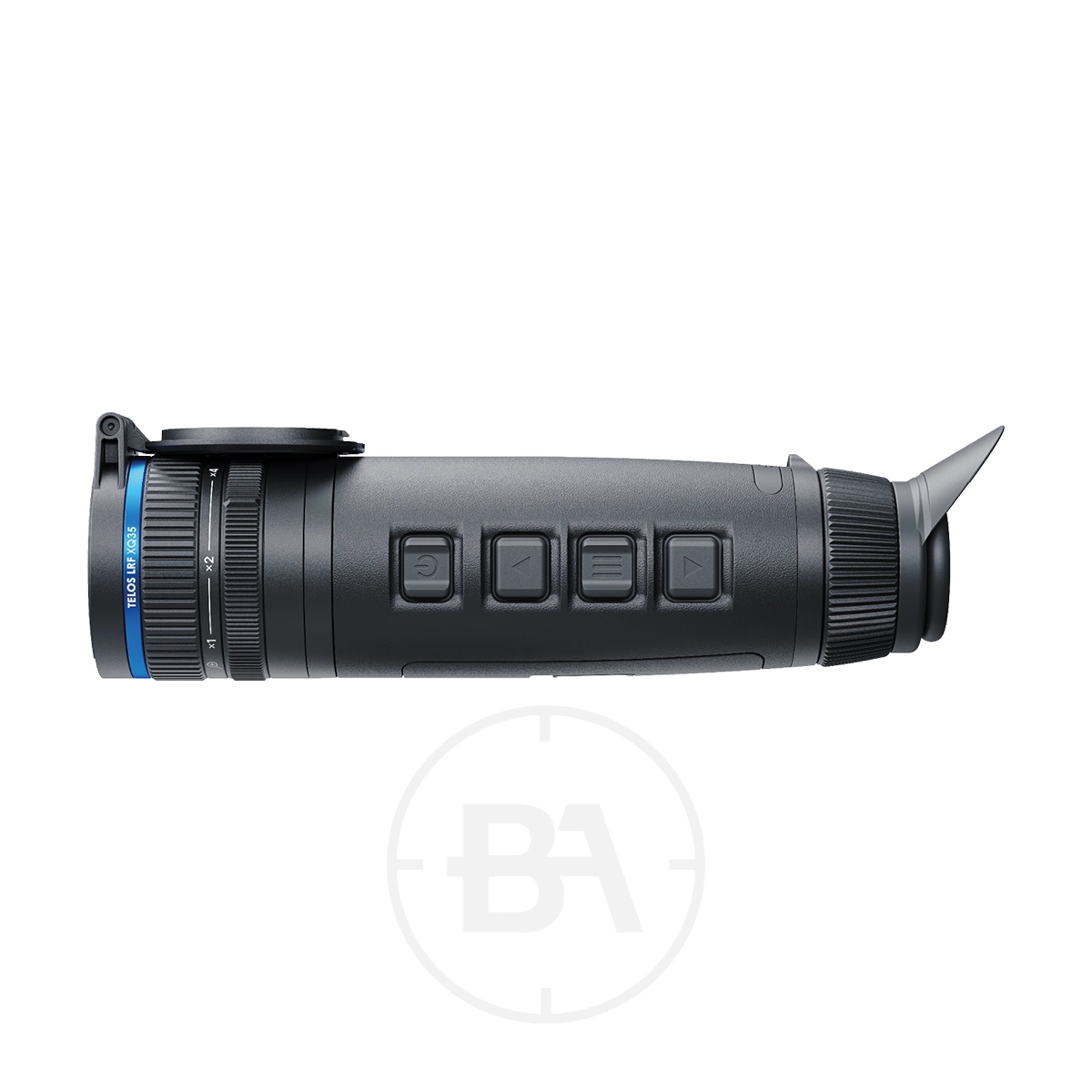 Pulsar Telos LRF XQ35 Thermal Imaging Monocular 5 A side-profile view of the Pulsar Telos LRF XQ35 Thermal Imaging Monocular, black in colour, featuring four rectangular buttons and an eyepiece, displayed against a white background.