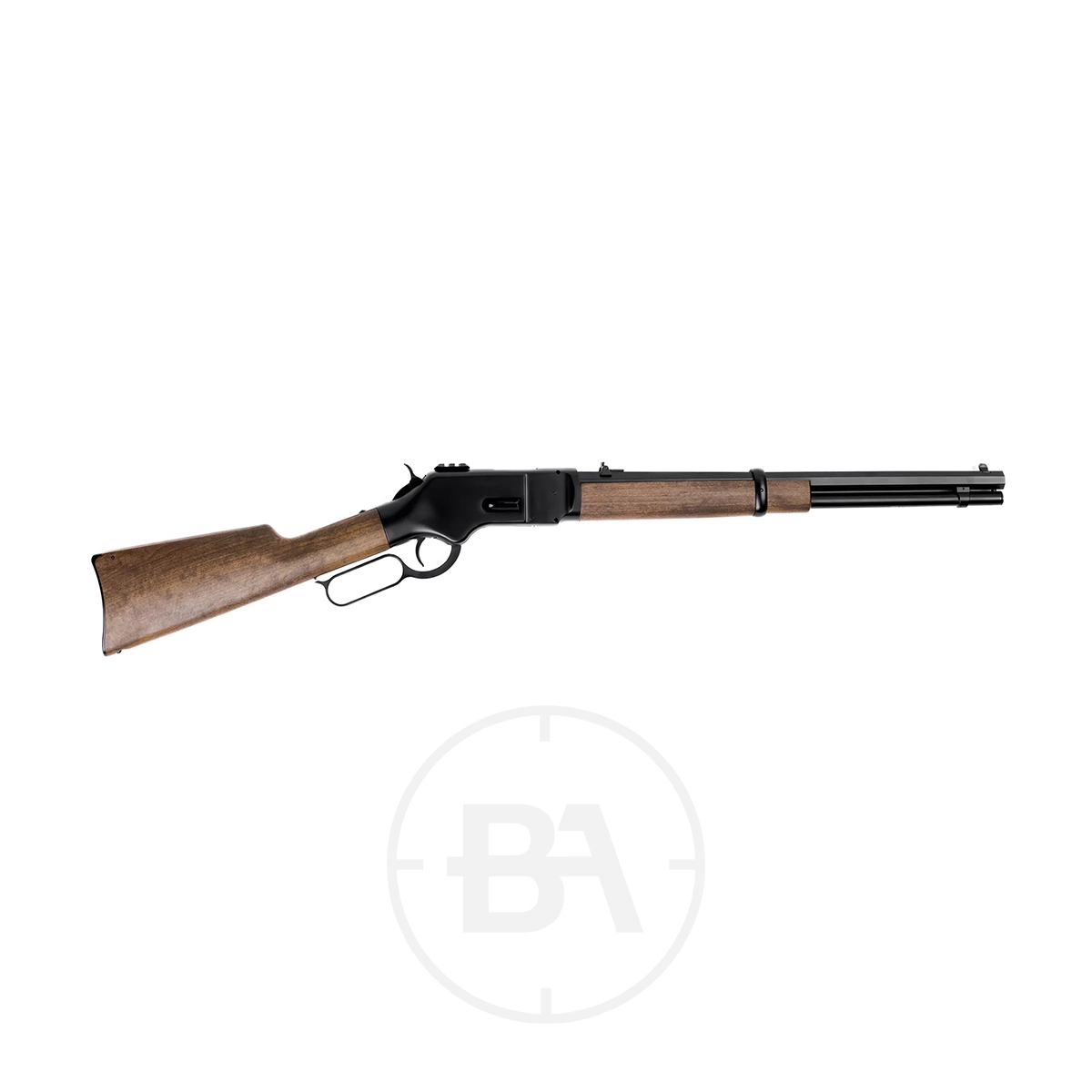 Barra 1866 Lever Action CO2 Air Rifle 1 The Barra 1866 Lever Action CO2 Air Rifle with a wooden stock, fore-end, and black metal receiver and barrel is displayed on a plain white background.