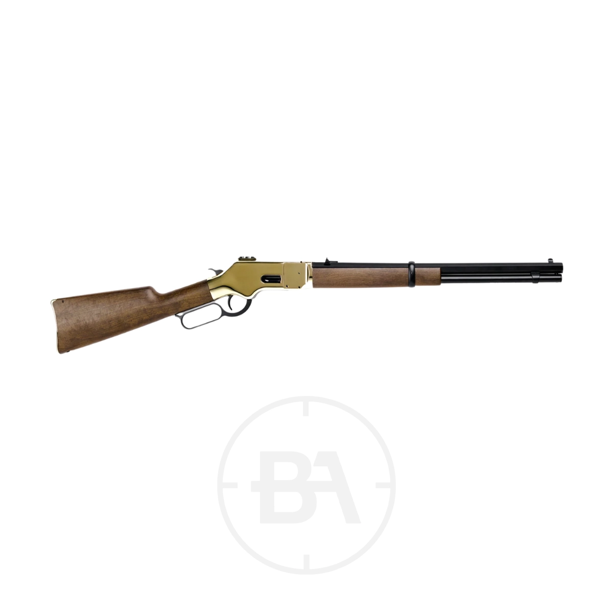 Barra 1866 Lever Action CO2 Air Rifle 9 Lever-action rifle with a brass receiver and wooden stock, positioned horizontally on a plain white background—classic styling reminiscent of the Barra 1866 CO2 air rifle.