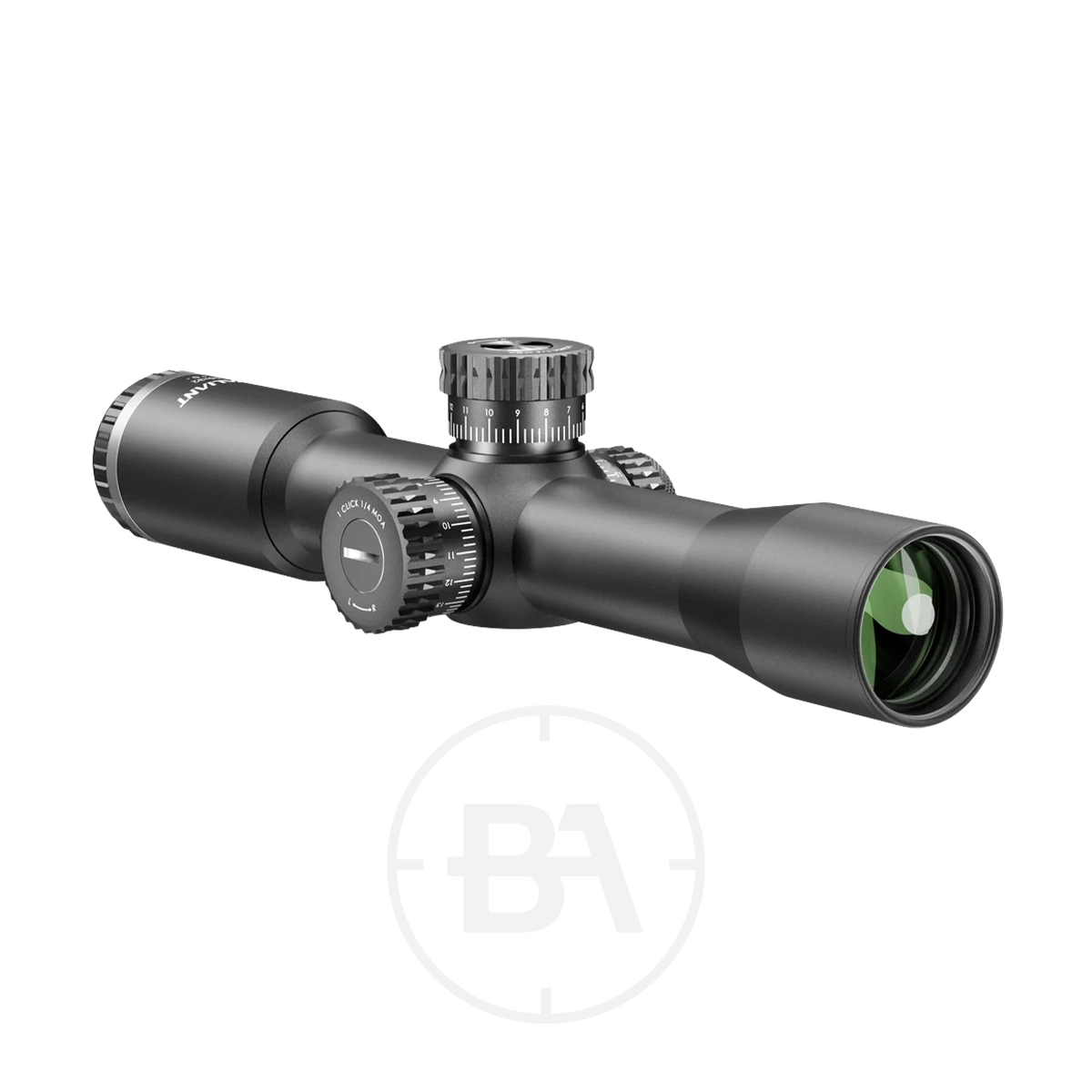 Valiant Themys 10x32 Compact HFT Rifle Scope 7 The Valiant Themys 10x32 Compact Rifle Scope, shown angled on a white background, features adjustment dials and a green-tinted lens.