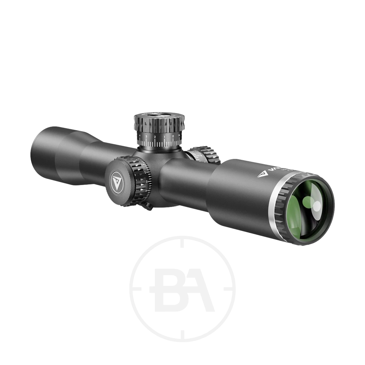 Valiant Themys 10x32 Compact HFT Rifle Scope 5 A Valiant Themys 10x32 Compact Rifle Scope in matte black with adjustment dials and a green-tinted lens, displayed on a white background featuring a subtle BA logo.