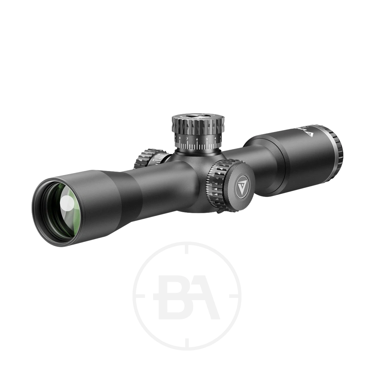 Valiant Themys 10x32 Compact HFT Rifle Scope 3 The Valiant Themys 10x32 Compact Rifle Scope has a matte black finish, adjustment dials, and a green-tinted lens, shown against a white background.