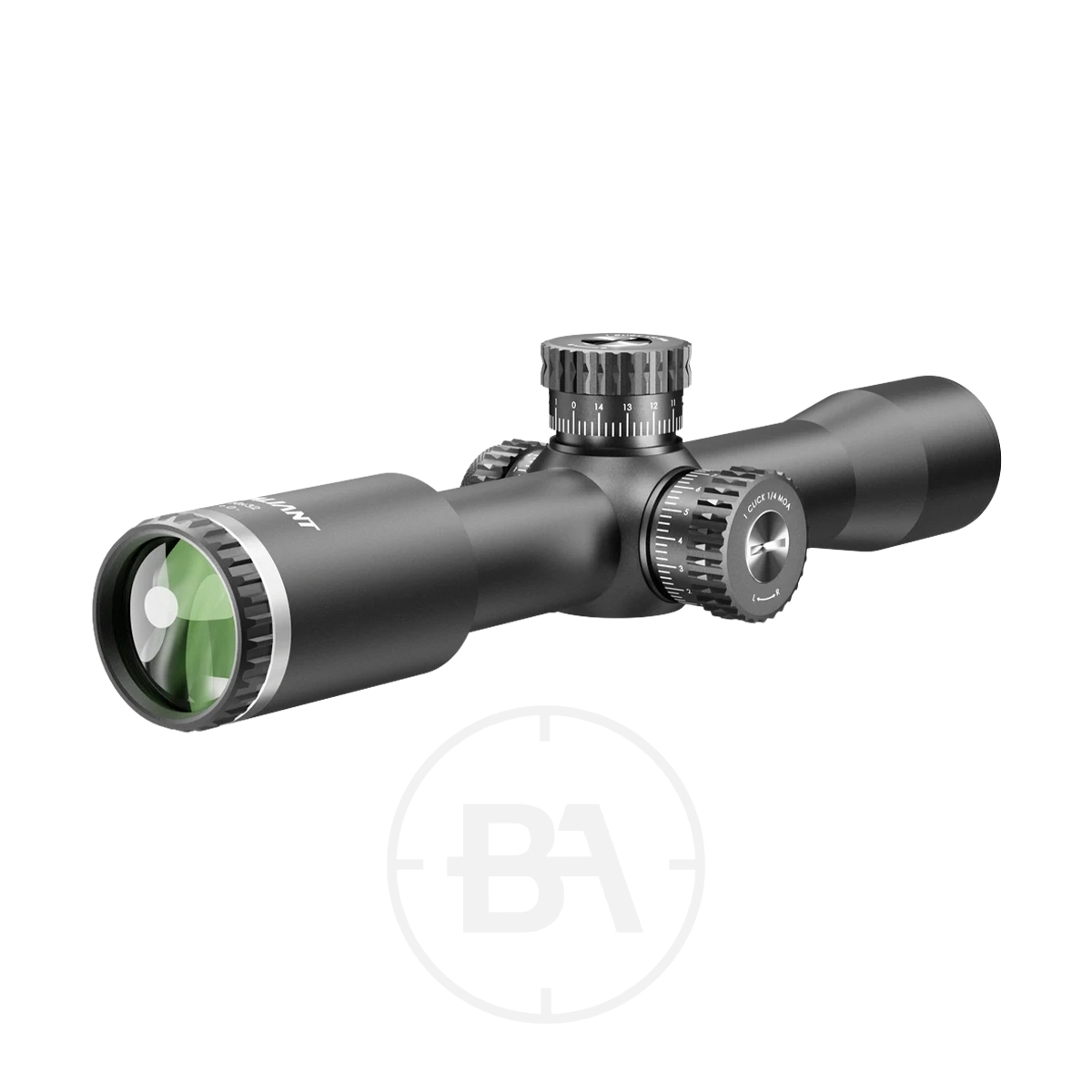Valiant Themys 10x32 Compact HFT Rifle Scope 1 The Valiant Themys 10x32 Compact Rifle Scope has adjustment knobs and a green-tinted lens, shown against a white background.