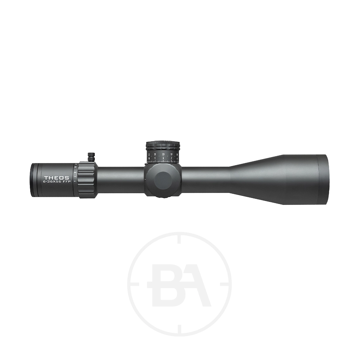 Element Optics Theos 6-36×56 FFP Rifle Scope 1 A black Element Optics Theos 6-36×56 FFP Rifle Scope With Mounts, featuring central adjustment dials and side labeling, is shown in a side view against a white background.