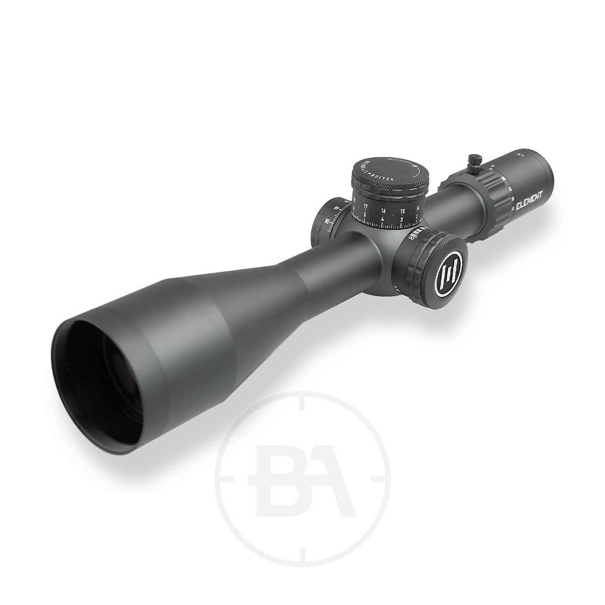 Element Optics Theos 6-36×56 FFP Rifle Scope 3 The Element Optics Theos 6-36×56 FFP Rifle Scope With Mounts displays angled adjustment dials with clear markings on a white background.