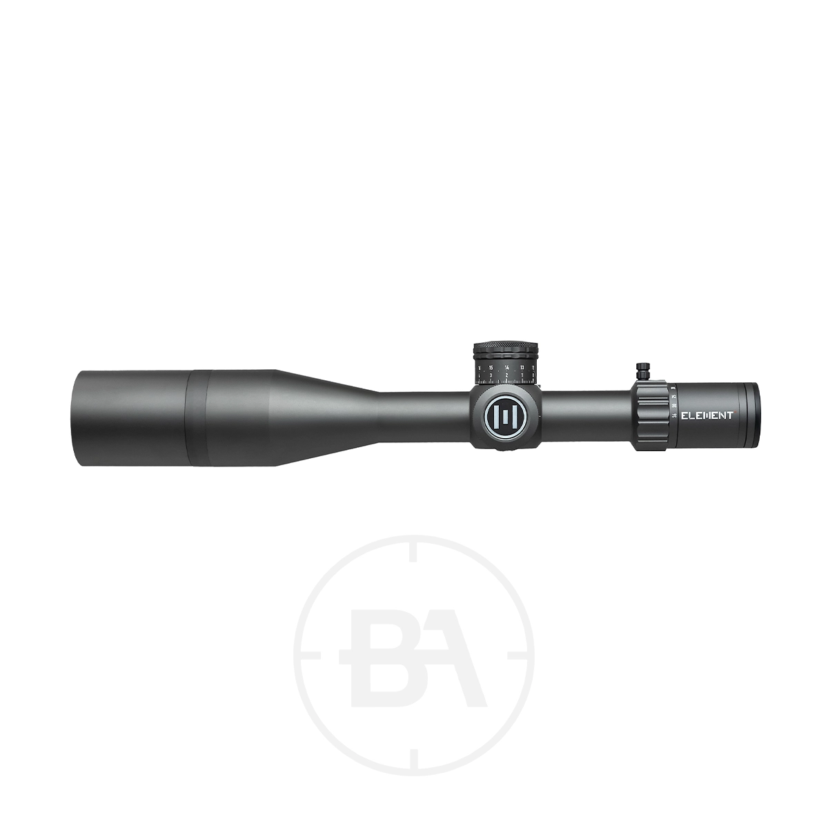 Element Optics Theos 6-36×56 FFP Rifle Scope 5 A black Element Optics Theos 6-36×56 FFP Rifle Scope With Mounts featuring adjustment dials and "Element" branding, shown from the side against a white background.