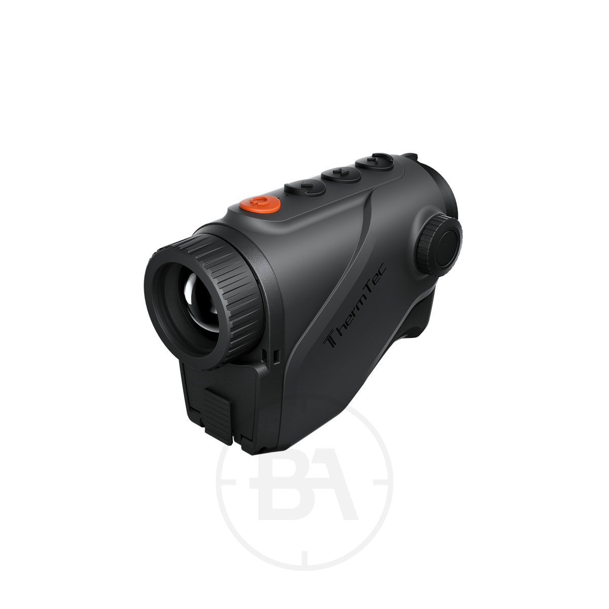 ThermTec Cyclone 625 Thermal lmaging Monocular 5 The ThermTec Cyclone 625 Thermal Imaging Monocular, in black with buttons on top, an eyepiece on the left, and "ThermTec" branding on the side, is shown against a plain white background.