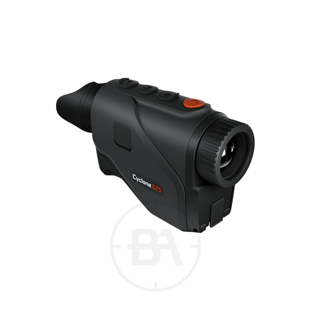 ThermTec Cyclone 625 Thermal lmaging Monocular 4 The ThermTec Cyclone 625 Thermal Imaging Monocular, in black, features a large eyepiece, top control buttons, and a textured grip. It is displayed on a white background and offers advanced thermal imaging capabilities.
