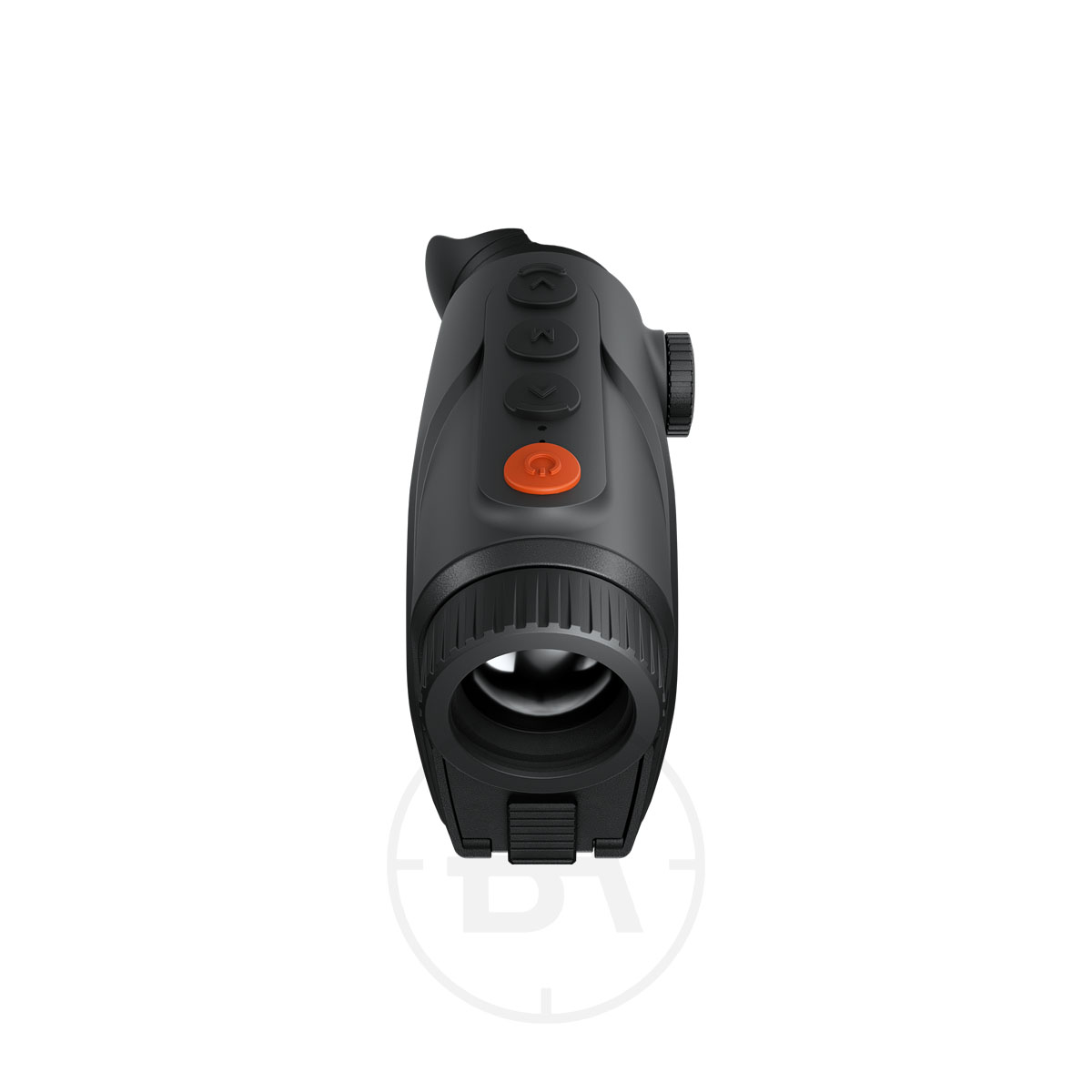ThermTec Cyclone 625 Thermal lmaging Monocular 3 Front view of the ThermTec Cyclone 625 Thermal Imaging Monocular featuring three black buttons, an orange top button, a circular lens below, and textured grip sides, shown isolated on a white background.