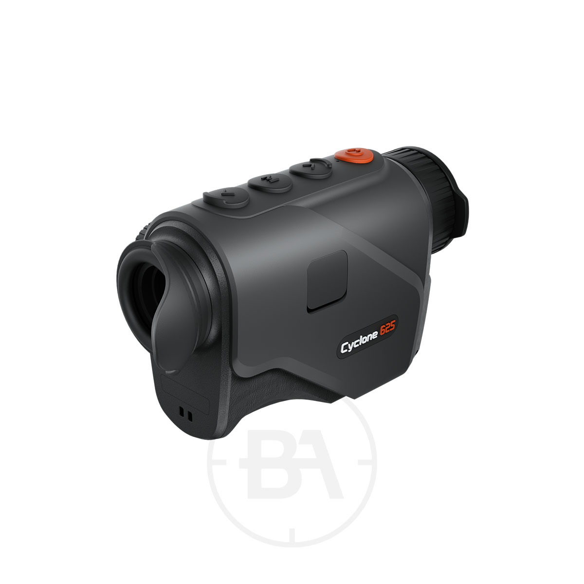 ThermTec Cyclone 625 Thermal lmaging Monocular 1 A compact, black ThermTec Cyclone 625 Thermal Imaging Monocular with a rubberised eyepiece, multiple top control buttons, and "Cyclone 625" labelled on the side.