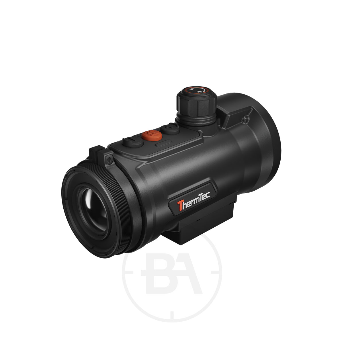 ThermTec Hunt 650L Thermal Clip On 1 A ThermTec Hunt 650L Thermal Clip-On in black with a cylindrical body, front lens, top control buttons, and bottom mounting bracket is displayed against a white background.