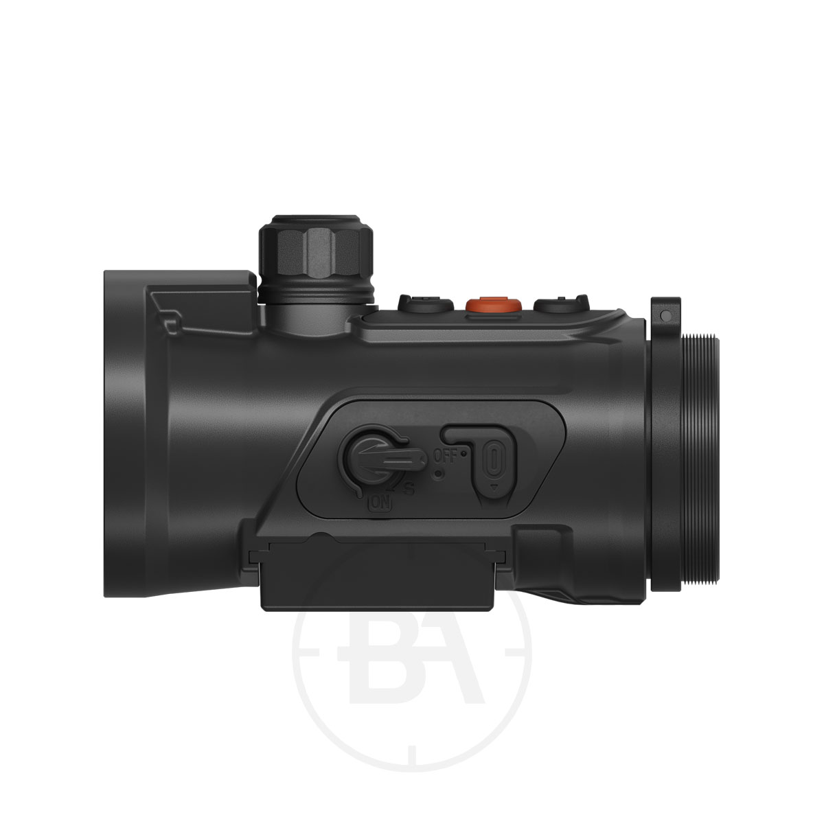 ThermTec Hunt 650L Thermal Clip On 2 Side view of the ThermTec Hunt 650L Thermal Clip-On in black, showing its modern cylindrical design with textured grip details, multiple buttons, and a switch for easy adjustment.