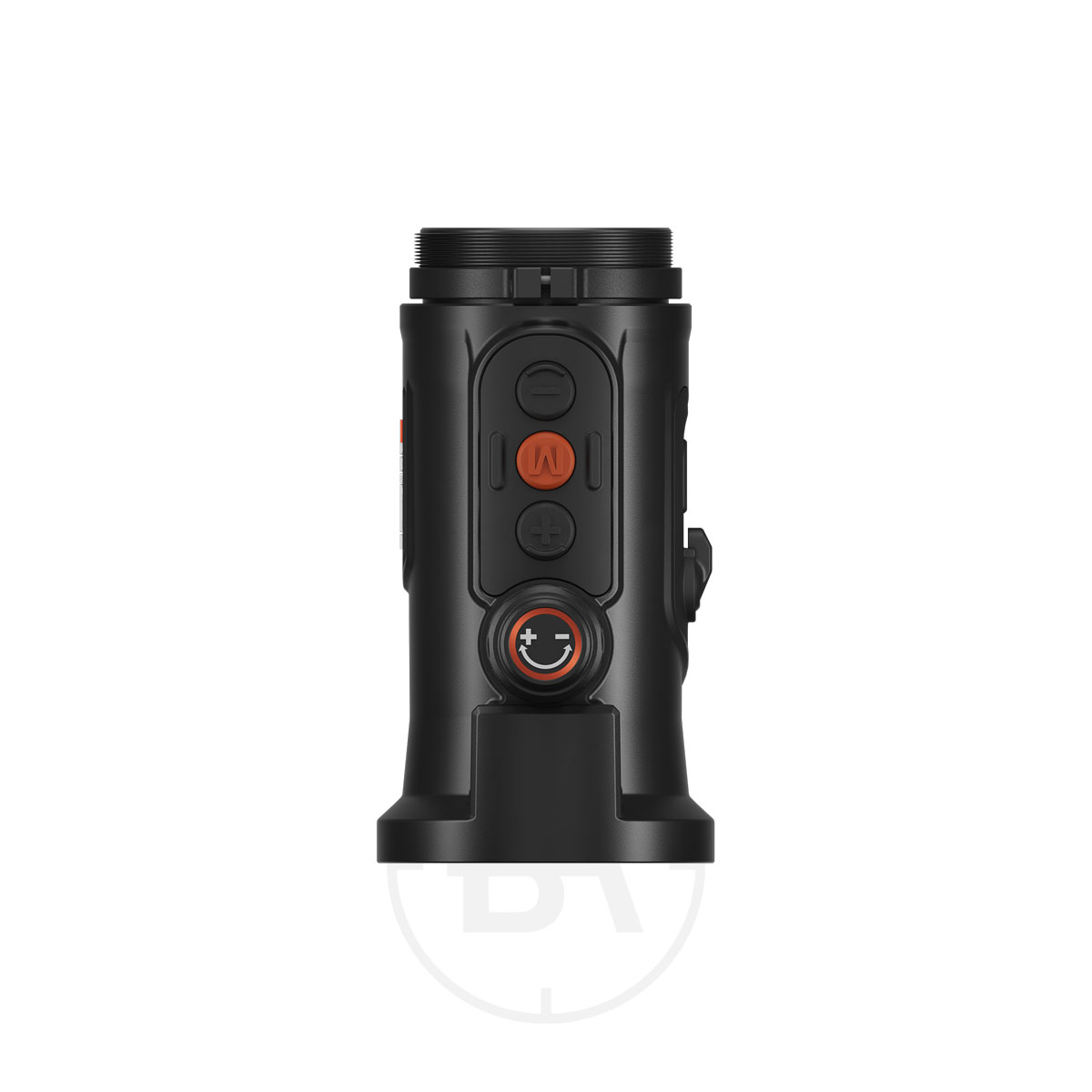 ThermTec Hunt 650L Thermal Clip On 3 The ThermTec Hunt 650L Thermal Clip-On is a black cylindrical device with multiple front buttons, including an orange one with plus and minus signs, and a circular base—perfect for use as a thermal scope or clip-on.