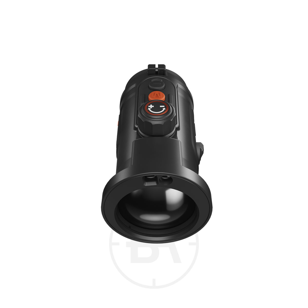 ThermTec Hunt 650L Thermal Clip On 4 A black, cylindrical handheld device viewed from the front, with a large lens and top buttons showing orange and white symbols. This modern, rugged thermal scope resembles the ThermTec Hunt 650L Thermal Clip-On.
