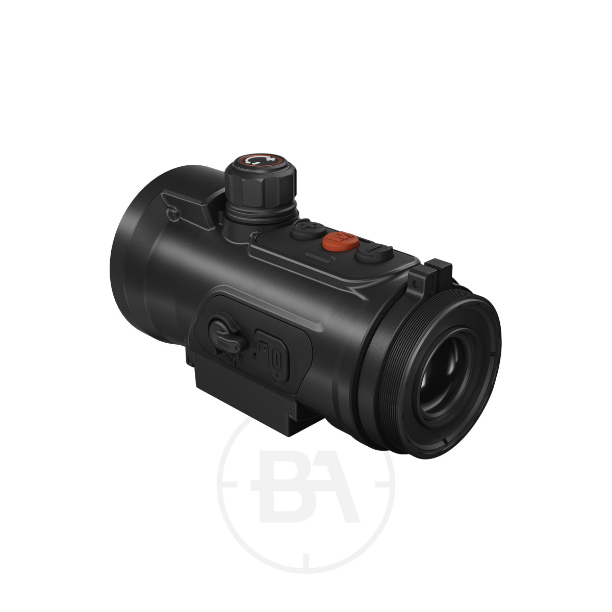 ThermTec Hunt 650L Thermal Clip On 5 The ThermTec Hunt 650L Thermal Clip-On, shown at an angle on a white background, is a black thermal imaging scope with top buttons and adjustment dials, designed for mounting on firearms or use as a clip-on accessory.