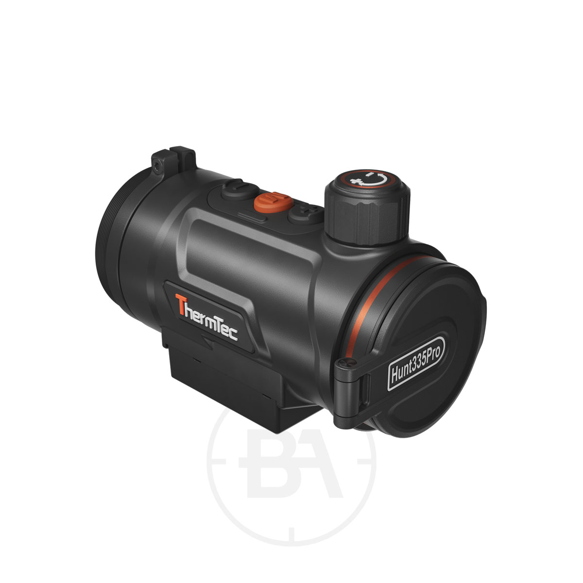ThermTec Hunt Pro Series Thermal Clip On 1 A ThermTec Hunt Pro Series Thermal Clip-On in black with orange accents, control knob, buttons, and a mounting bracket is displayed on a white background.