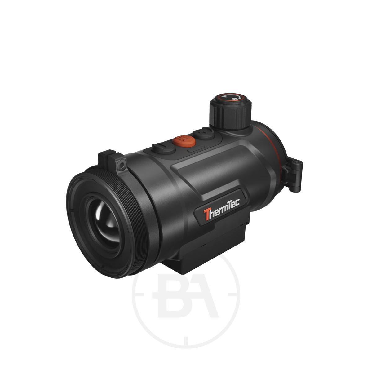 ThermTec Hunt Pro Series Thermal Clip On 2 A black ThermTec Hunt Pro Series Thermal Clip-On with top buttons, a front lens, and a bottom mounting rail, displayed on a plain white background.