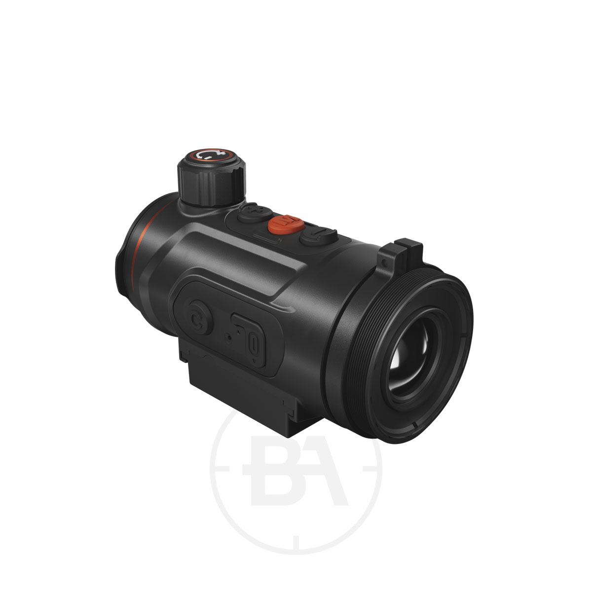 ThermTec Hunt Pro Series Thermal Clip On 3 The ThermTec Hunt Pro Series Thermal Clip On is a compact, black, cylindrical thermal scope with top control buttons and a bottom mounting bracket, designed for attachment to firearms or observation devices.