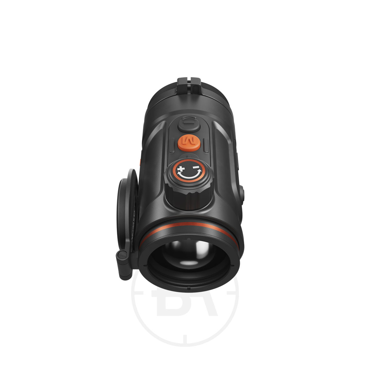 ThermTec Hunt Pro Series Thermal Clip On 4 A black and orange ThermTec Hunt Pro Series Thermal Clip-On, viewed from the front, featuring control buttons on top and a flip-up lens cover on the left side.