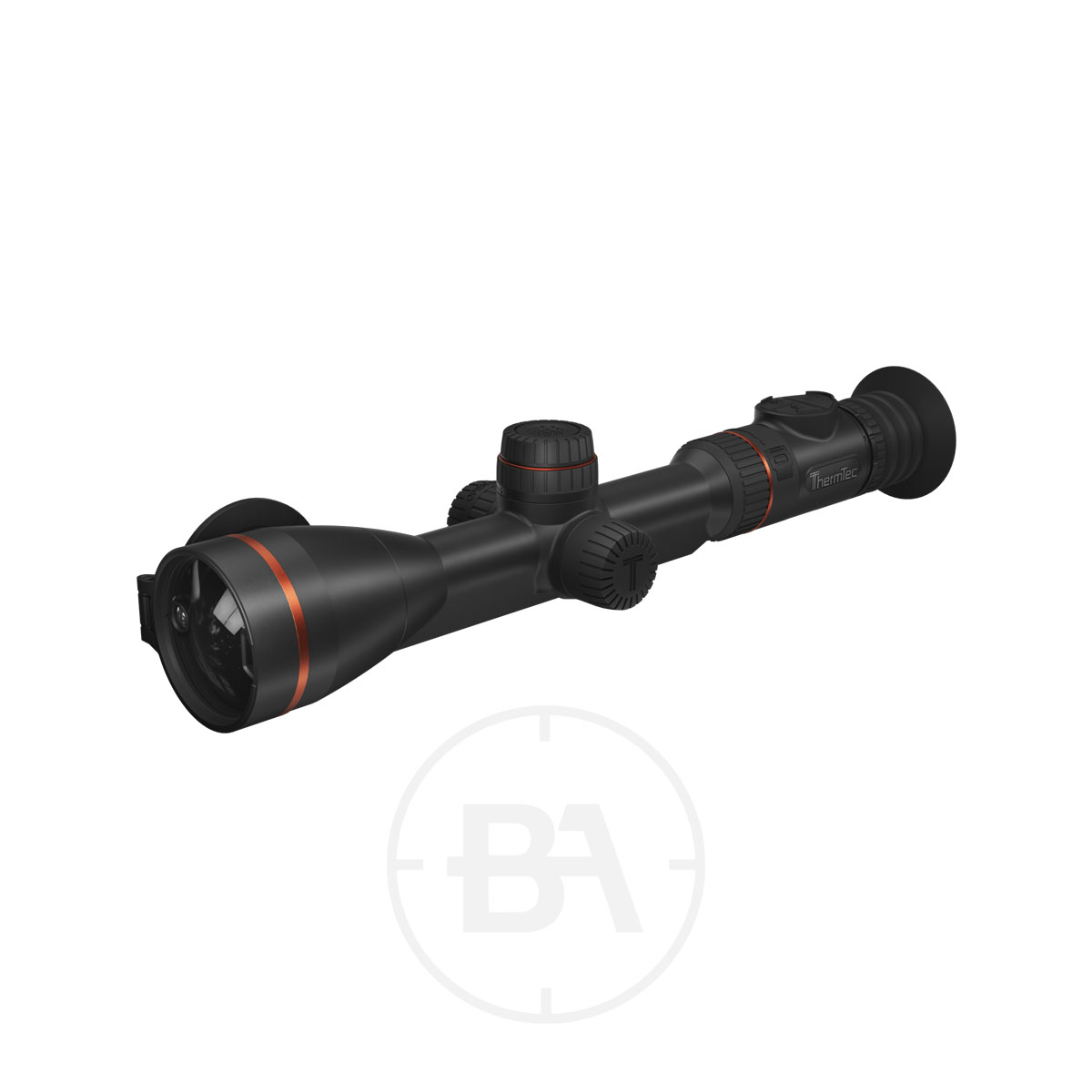 ThermaTec ORYX L Series Thermal Scope 1 The ThermaTec ORYX L/LR Series Thermal Scope, black with orange accents and multiple adjustment knobs plus a textured eyepiece, is displayed on a white background with a faint circular logo underneath.