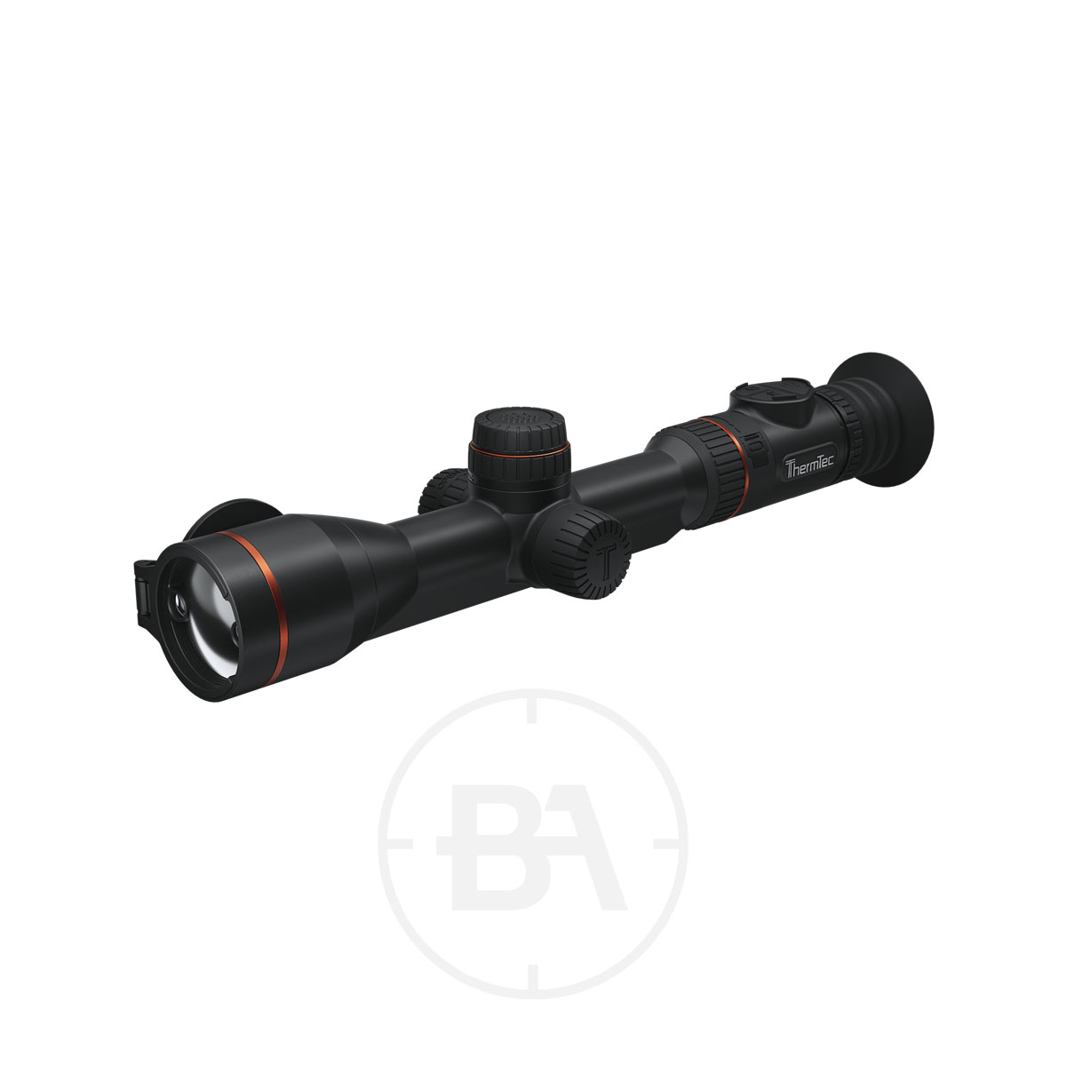 ThermaTec ORYX L Series Thermal Scope 3 A ThermaTec ORYX L/LR Series Thermal Scope in black with multiple adjustment dials, orange accents, a large objective lens, and eyepiece is shown against a white background.