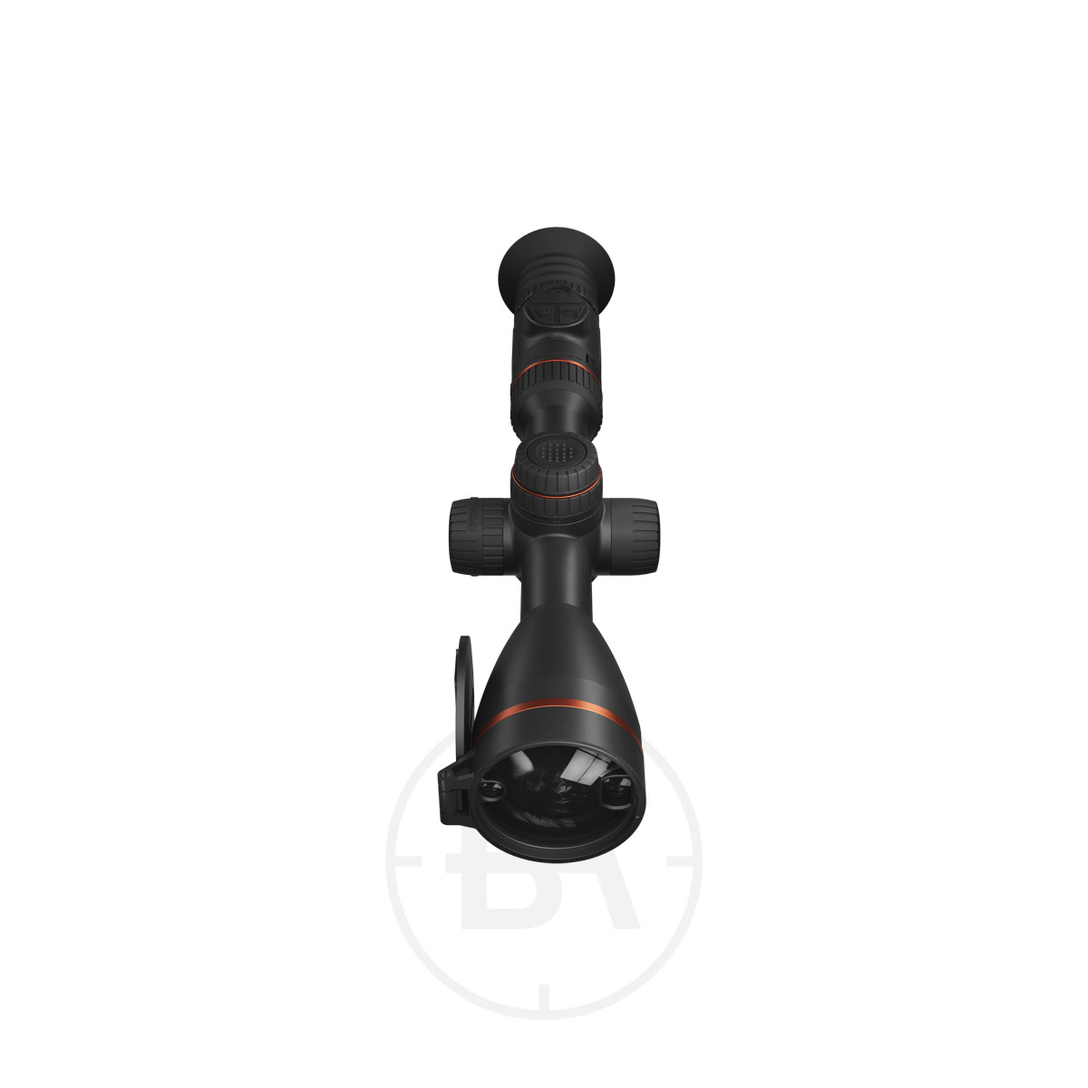 ThermaTec ORYX L Series Thermal Scope 4 A black ThermaTec ORYX L/LR Series Thermal Scope, seen from the front, with orange accents, top and side adjustment knobs, and a flip-up lens cover.
