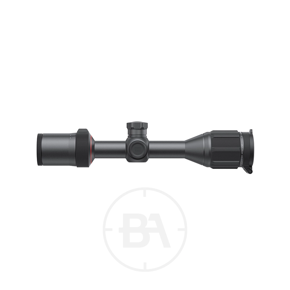 InfiRay TP25 SE Thermal Imaging Rifle Scope With Mounts 3 An InfiRay TP25 SE Thermal Imaging Rifle Scope With Mounts, black, featuring an adjustment knob and focus ring, is shown from the side against a plain white background.