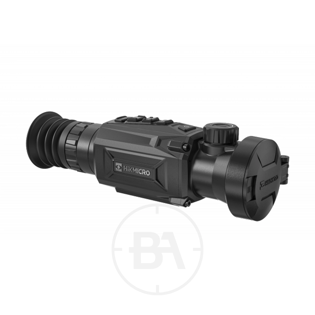 HIKMICRO Thunder 2.0 Pro TQ50 Smart Thermal Scope With Rail 1 A black HIKMICRO Thunder 2.0 Pro TQ50 Smart Thermal Scope With Rail features a rubber eyepiece, top control buttons, and a protective lens cover in front.