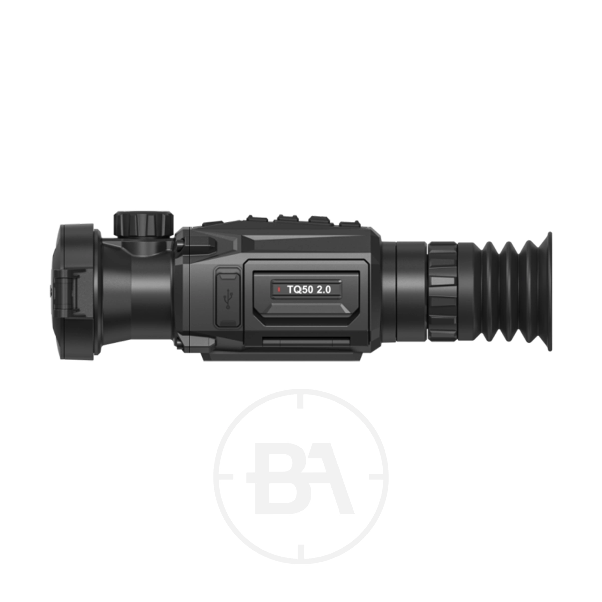 HIKMICRO Thunder 2.0 Pro TQ50 Smart Thermal Scope With Rail 15 Side view of a black HIKMICRO Thunder 2.0 Pro TQ50 Smart Thermal Scope With Rail featuring a textured grip, adjustment knobs, and eyepiece, shown against a white background.