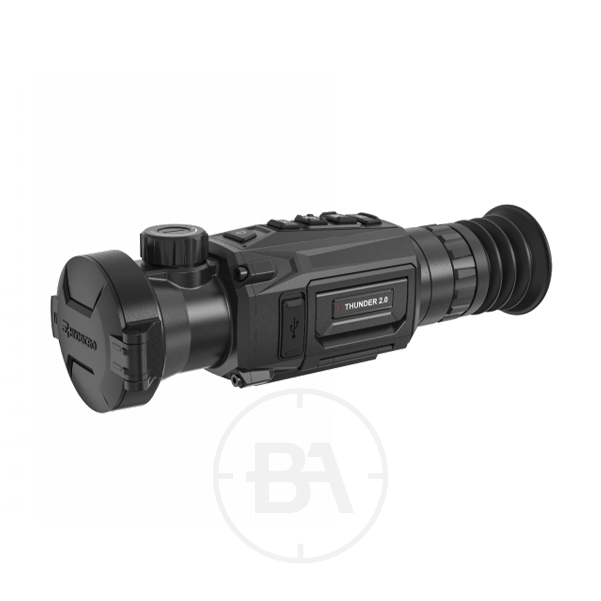 HIKMICRO Thunder 2.0 Pro TQ50 Smart Thermal Scope With Rail 17 A black HIKMICRO Thunder 2.0 Pro TQ50 Smart Thermal Scope with rail, featuring control buttons, an eyepiece, and a capped lens.