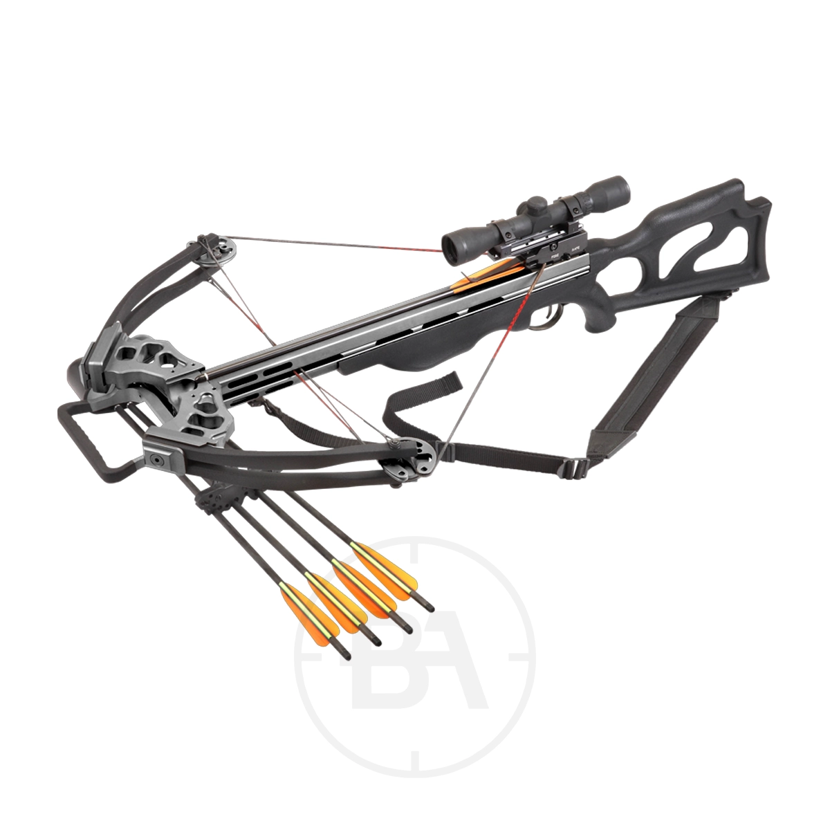 EK Archery Titan Compound Crossbow Package With Scope 7 The EK Archery Titan Compound Crossbow Package With Scope features a modern black design, mounted scope, and four yellow-fletched arrows in a quiver below.