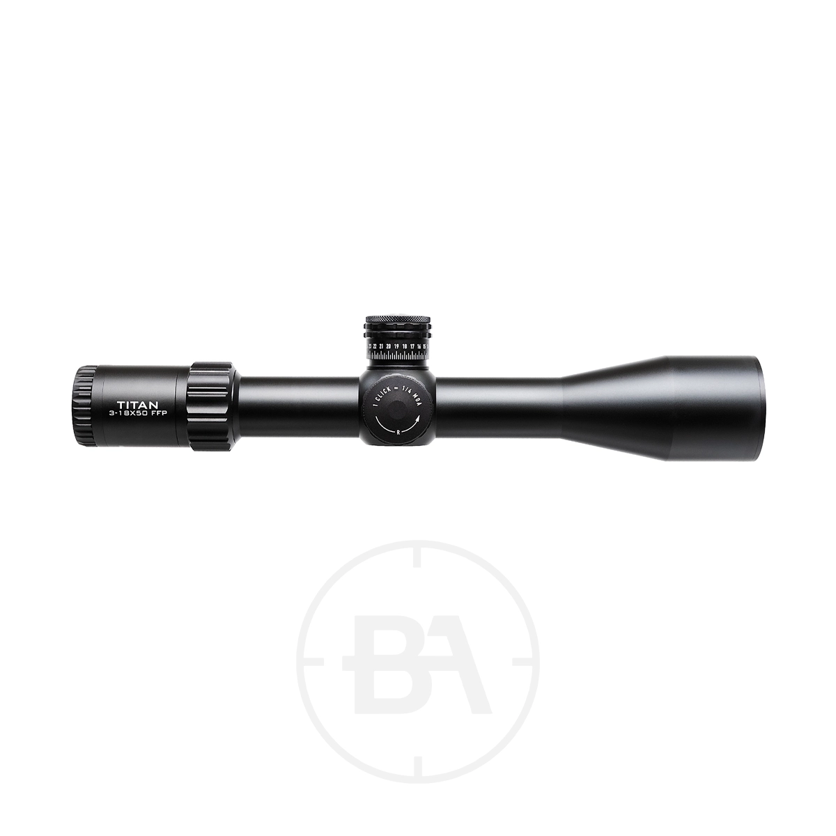 Element Optics Titan 3-18x50 FFP Rifle Scope With Mounts 1 Black rifle scope with adjustment knobs labeled "Titan" and "Shadow," shown on a white background. This is the Element Optics Titan 3-18x50 FFP Rifle Scope With Mounts, designed for precision and clear targeting.