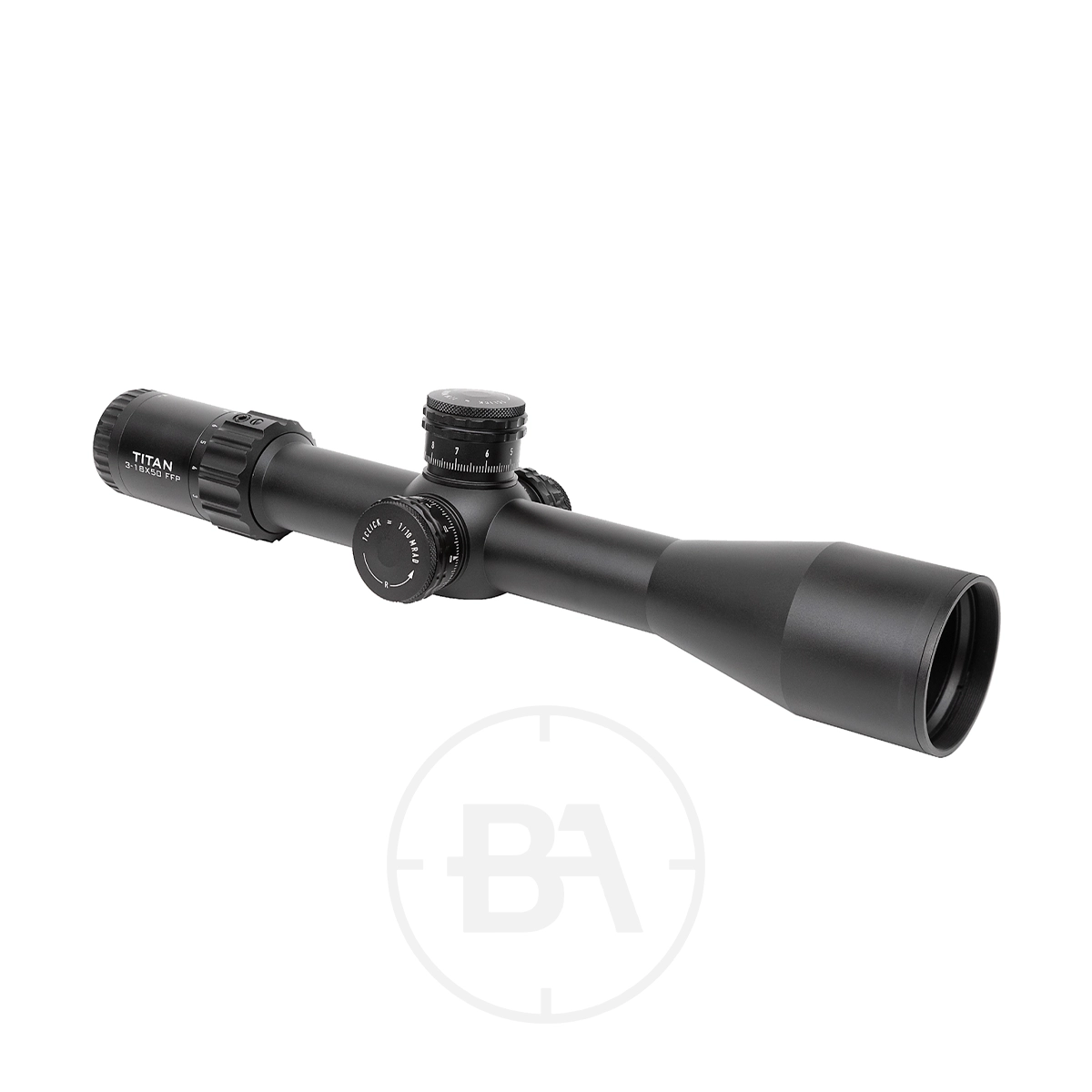 Element Optics Titan 3-18x50 FFP Rifle Scope With Mounts 3 The Element Optics Titan 3-18x50 FFP Rifle Scope With Mounts, in black and labeled "Titan," features adjustment dials and is shown on a white background with a faint circular BA logo beneath it.