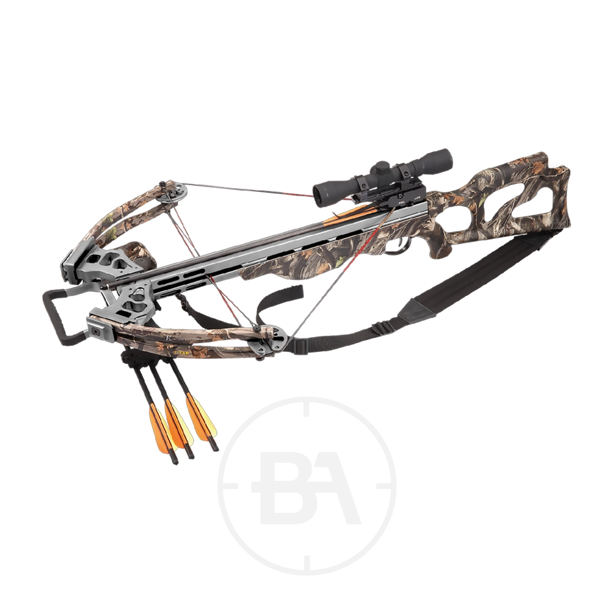 EK Archery Titan Compound Crossbow Package With Scope 3 The EK Archery Titan Compound Crossbow Package With Scope features a camo finish, mounted scope, black shoulder strap, and three orange-fletched bolts attached below.