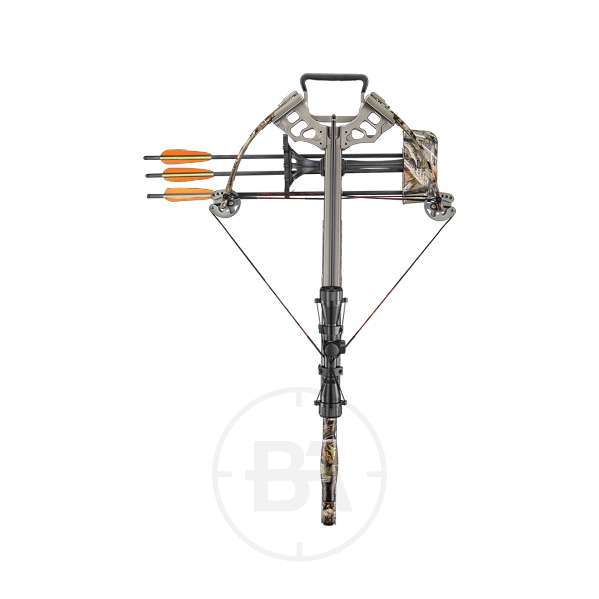 EK Archery Titan Compound Crossbow Package With Scope 5 The EK Archery Titan Compound Crossbow Package With Scope features camouflage accents and a mounted quiver holding three arrows with orange fletching, shown against a white background.