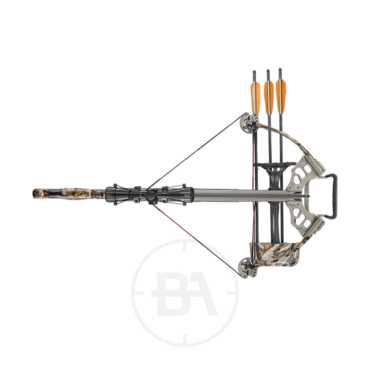 EK Archery Titan Compound Crossbow Package With Scope 1 The EK Archery Titan Compound Crossbow Package With Scope features a camo finish, mounted quiver with three orange-fletched arrows, and is shown on a white background—an excellent choice for crossbow enthusiasts.