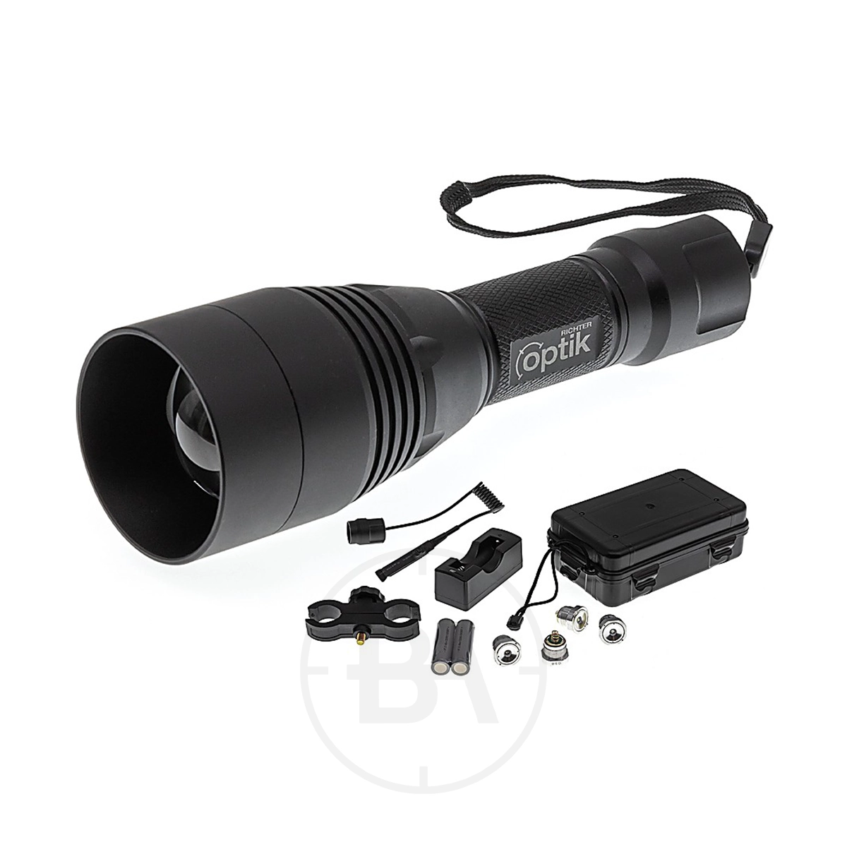 Richter Optik Tactical Gunlight & Illuminator Kit 1 The Richter Optik Tactical Torch & Illuminator Kit is displayed on a white background, featuring the black torch with wrist strap, mounting bracket, charger, two batteries, remote switch, storage case, and small parts.