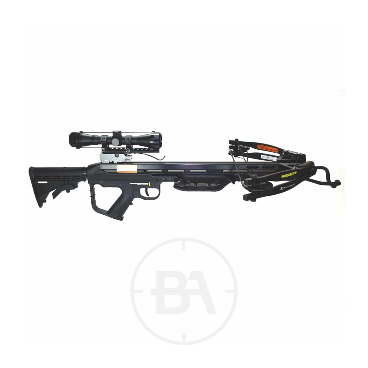 EK Archery Torpedo Compound Crossbow Package With Scope 1 The EK Archery Torpedo Compound Crossbow Package With Scope (Copy) features a modern black design, telescopic sight, adjustable stock, and warning labels, all displayed against a white background.