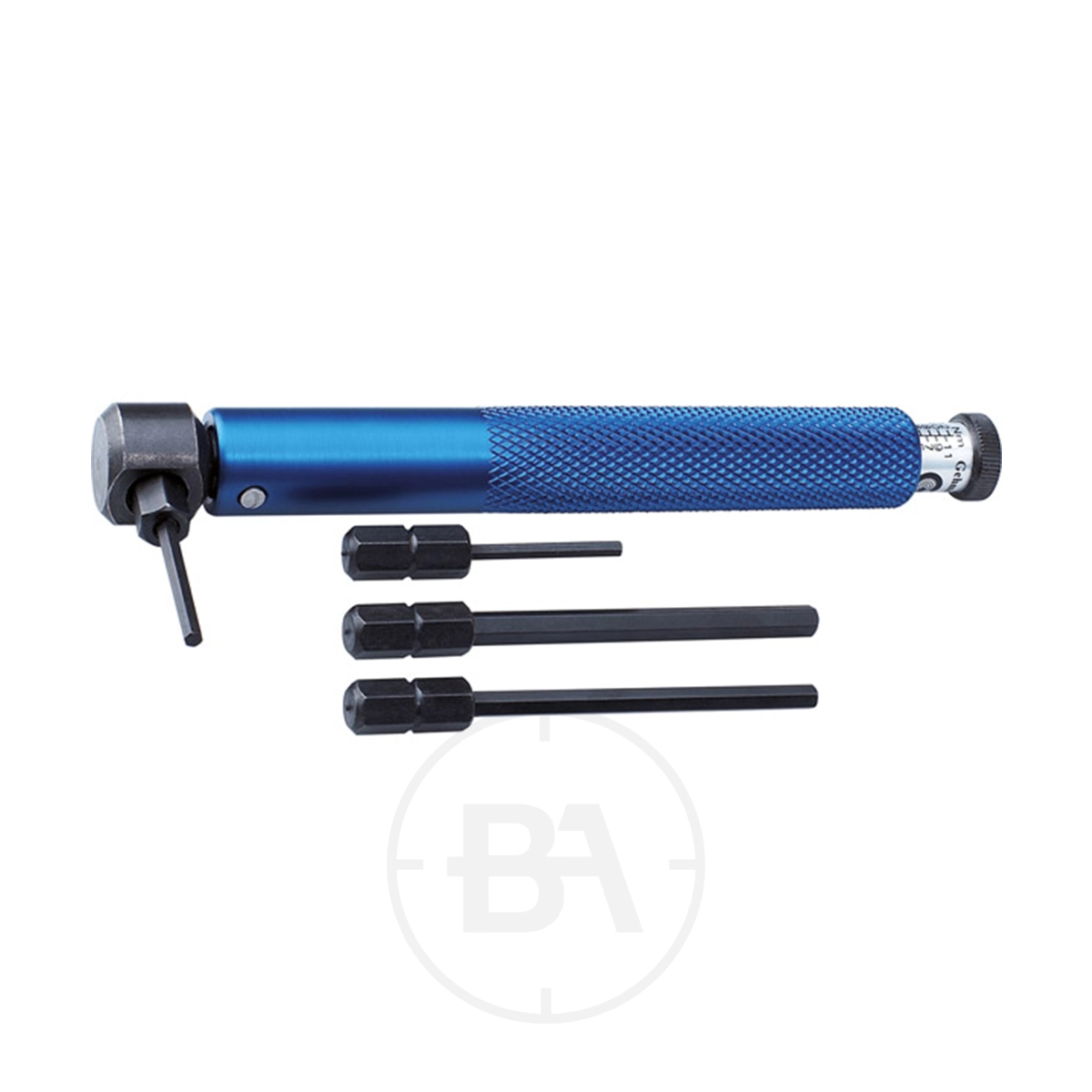 Gehmann 705 Torque Wrench 1 The Gehmann 705 Torque Wrench features a blue handle, adjustable settings, and includes four interchangeable black bits displayed on a white background—offering precise torque control in a compact design.