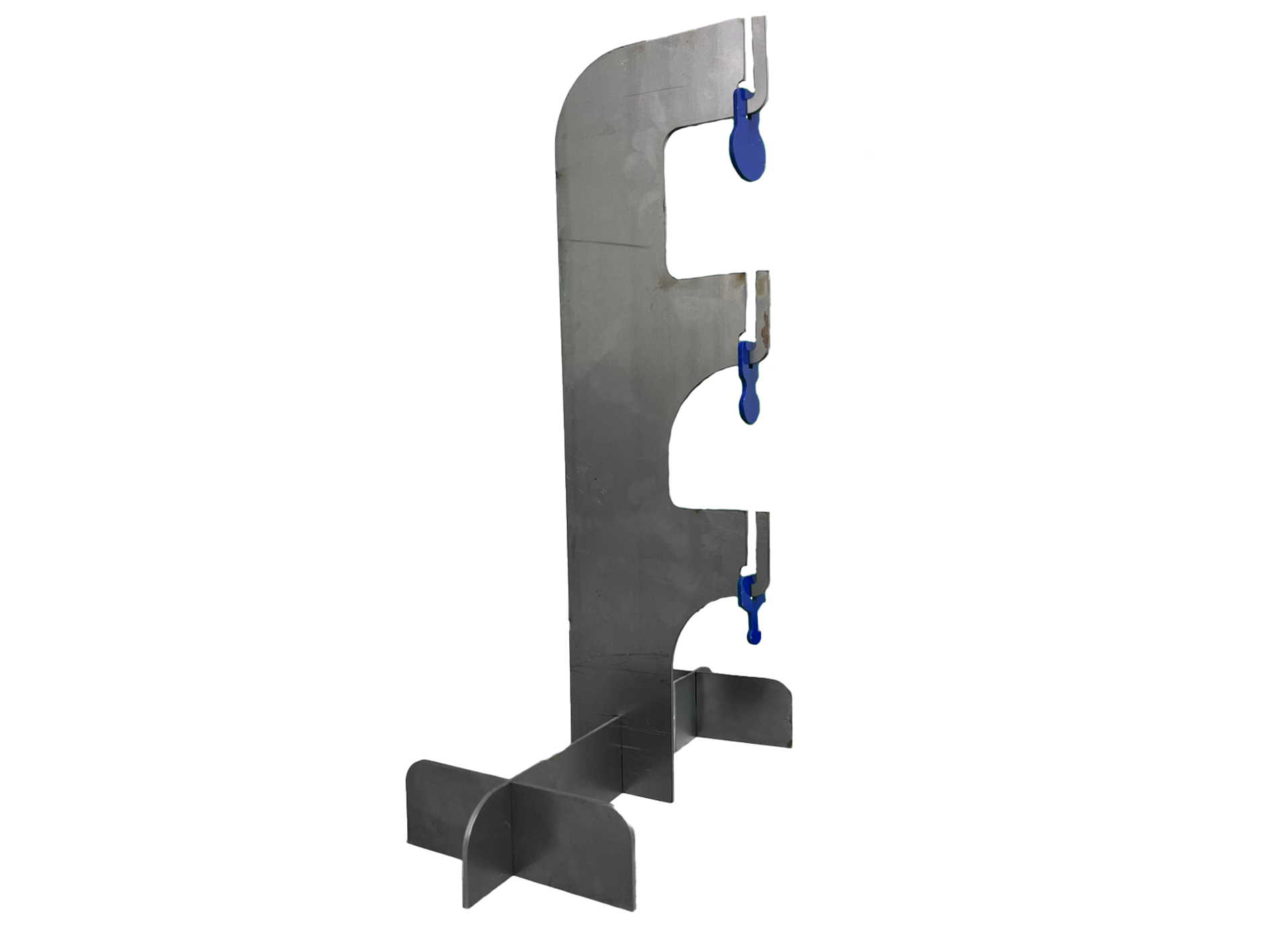 Gong Tree Target 1 The Gong Tree Target is a metal stand shaped like a tree, featuring three blue swinging gong targets at varying heights and a stable base for support.