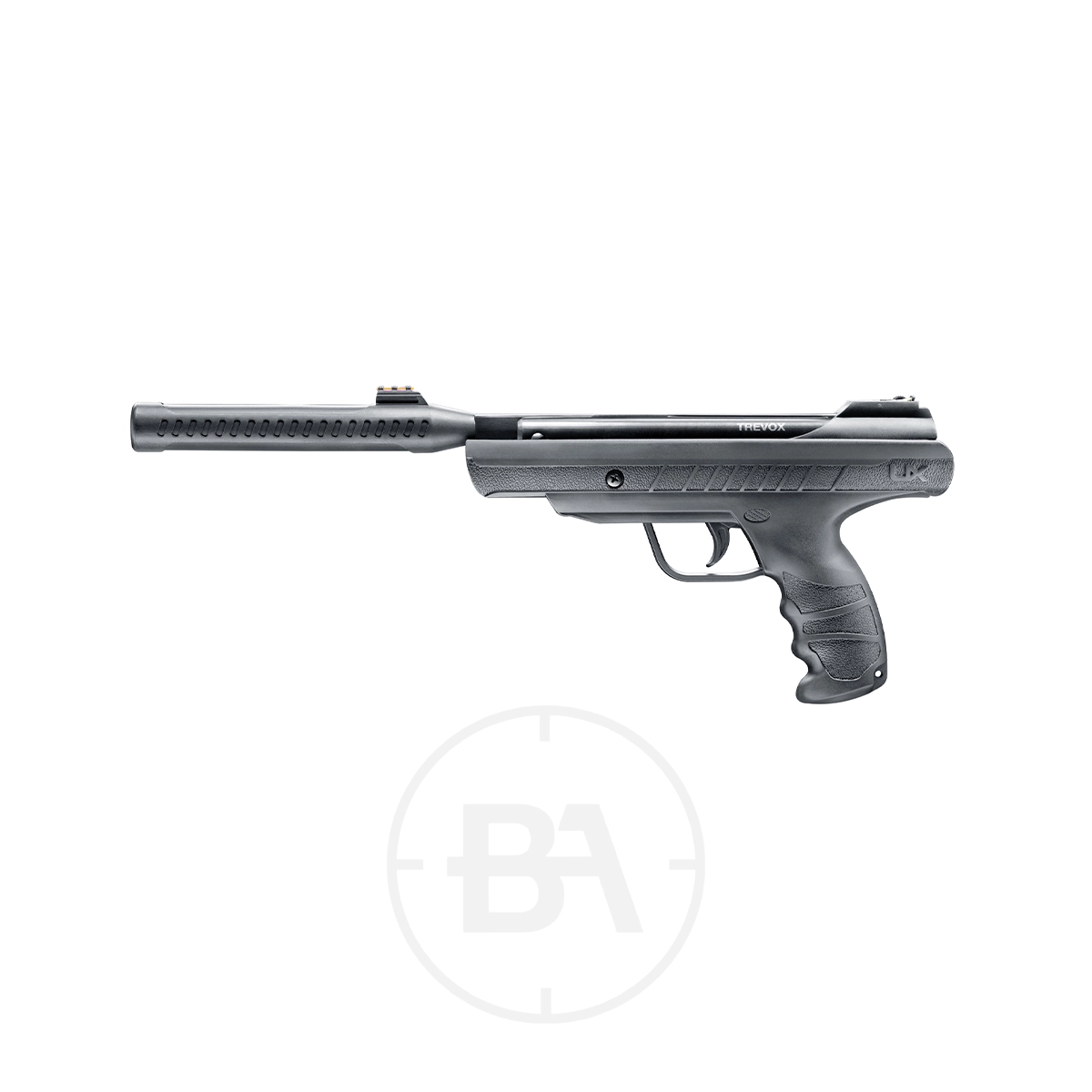 Umarex Trevox Spring Pistol 1 Umarex Trevox Spring Pistol in black features a long barrel and textured grip, shown in profile view against a white background.