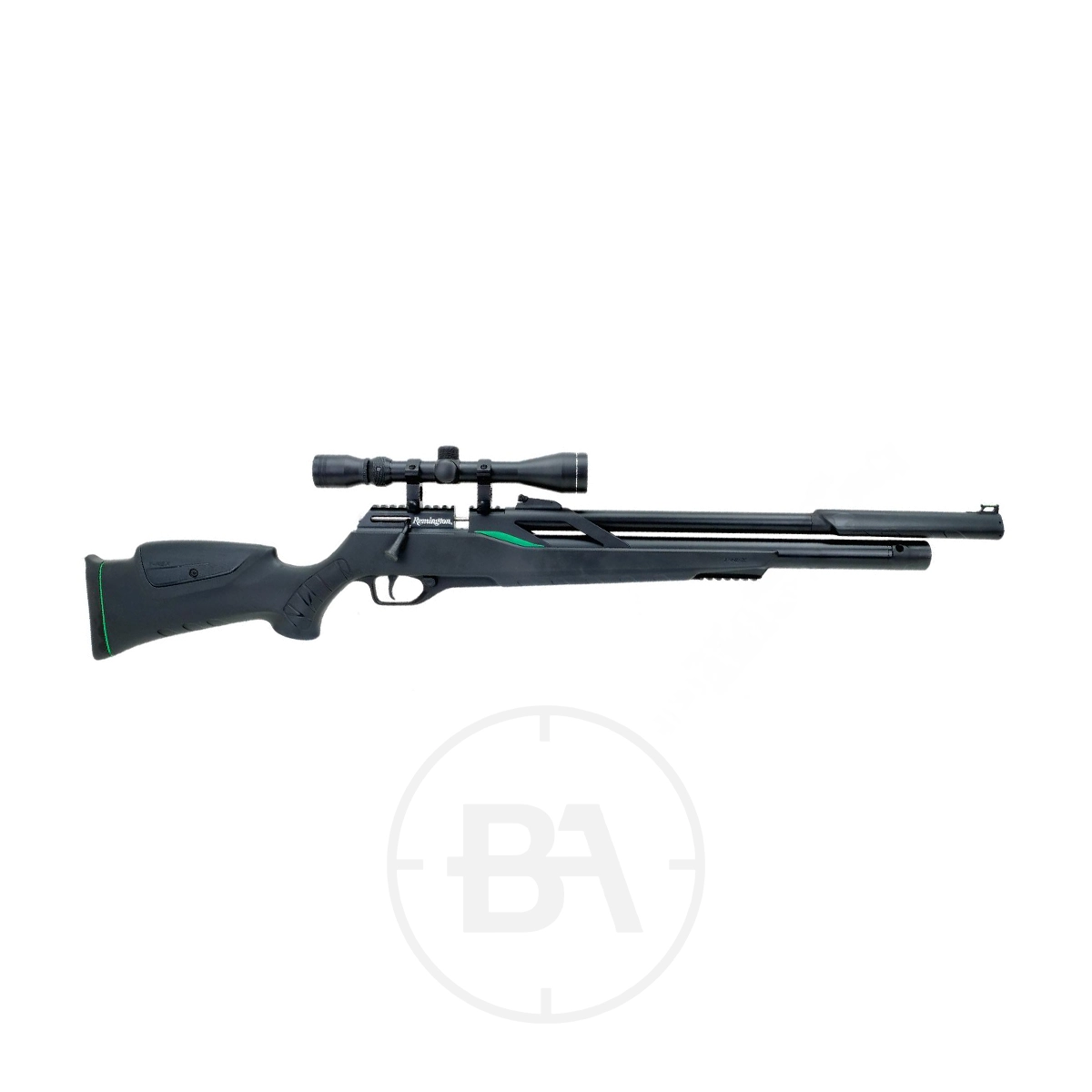 Remington T-Rex PCP Air Rifle With Scope 1 The Remington T-Rex PCP Air Rifle With Scope, featuring a synthetic stock and long barrel, is shown against a white background.
